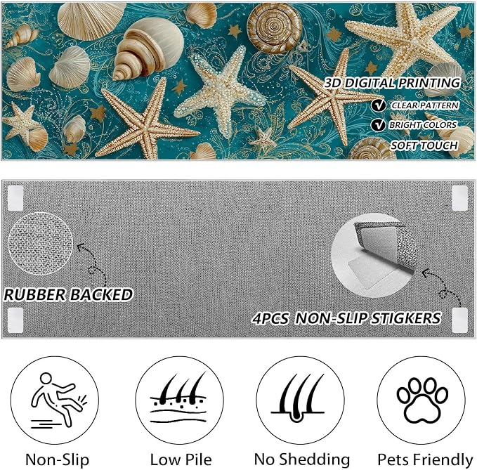 Seashell Starfish Conch Hallway Washable Runner Rug 2x7, Retro Ocean Kitchen Runner Rug Soft Non Slip Low Pile Floor Mat, Peacock Green Carpet for Entryway Corridor Laundry Bedside Rugs