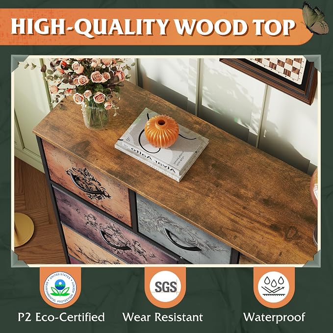 WLIVE 9 Drawer Dresser, Fabric Storage Tower for Bedroom, Hallway, Closet, Tall Chest Organizer Unit for Bedroom with Fabric Bins, Steel Frame, Wood Top, Easy Pull Handle, Pattern