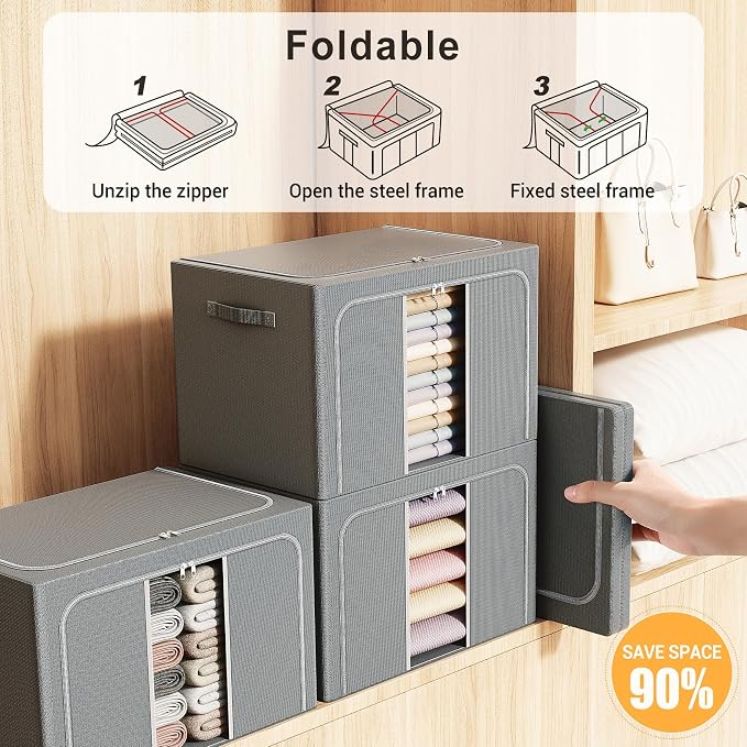 Clothes Storage Bins with Metal Frame, Foldable Clothes Organizers Storage Containers for Clothes, Sheets, Blankets, Pillows and Towels (24L, 3 Pack, Deep Grey)