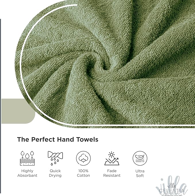 Villa Celestia Cotton Washcloths Set of 12, 12x12 Inch, 100% Ring-Spun Combed Cotton, Soft Absorbent Quick-Dry Wash Cloths for Face and Body, Oeko-TEX Certified, Hotel & Spa Quality, Sage