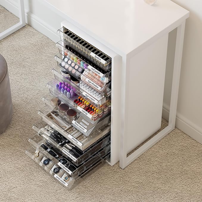 WOPITUES Storage Drawer Cart, Mobile Storage Cabinet, Makeup Storage with 10 Large Clear Drawers, Utility Wooden Rolling Cart on Wheels, for Cosmetic, Art Craft, Office Supplies, Toy, White