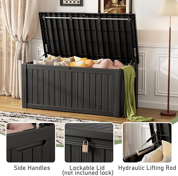 Outdoor Storage Box, 150 Gallon Large Outdoor Resin Deck Box, Storage Waterproof Boxes Lockable Lid for Garden Tools, Pool Supplies, Patio Furniture and Cushions, Black