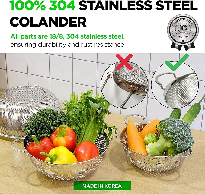 Premium 18/8 304 Stainless Steel Set of 3 – Micro-Perforated Strainers with Handles, Self-Draining Base for Pasta Vegetables Fruit, Heavy Duty (4, 6, 8 Qt) Made in Korea