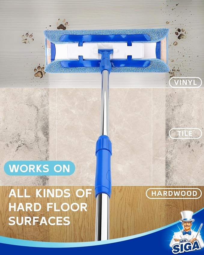MR.SIGA Professional Microfiber Mop for Hardwood, Laminate, Tile Floor Cleaning, Stainless Steel Telescopic Handle - 3 Reusable Flat Mop Refills and 1 Dirt Removal Scrubber Included