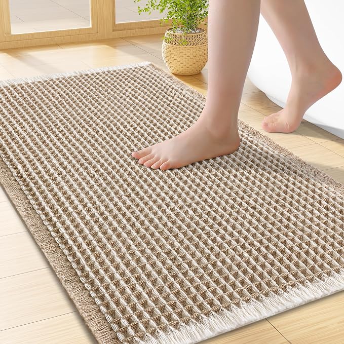 Smiry Waffle Bath Mat 24x16, Extra Soft Absorbent Bathroom Rugs, Non Slip Machine Washable Quick Dry Bath Rugs for Bathroom Floor, Tub, Shower, Home Decor Accessories, Brown & Cream