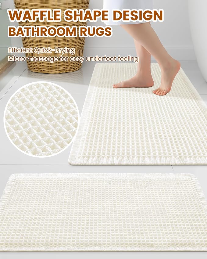 Smiry Waffle Bath Mat 72x24, Extra Soft Absorbent Bathroom Rugs, Non Slip Machine Washable Quick Dry Bath Rugs for Bathroom Floor, Tub, Shower, Home Decor Accessories, Cream