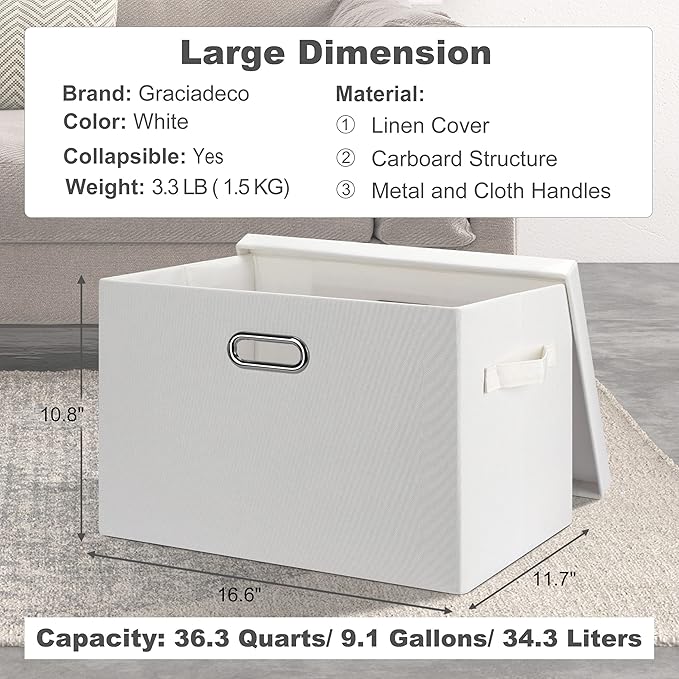 Graciadeco Large 17" 36 Quart Collapsible Stackable Storage Bins with Lids, 1 Pack White Foldable Fabric Closet Storage Boxes with Lids, 4 Handles Heavy-duty Linen Cube Baskets for Bedroom