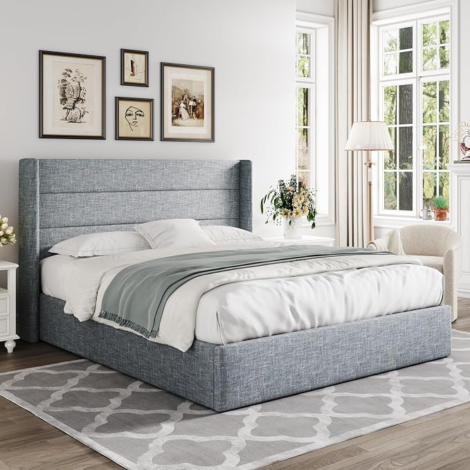 Allewie Queen Size Lift Up Hydraulic Storage Bed Frame Blue Grey | Modern Wingback Headboard, Hydraulic Support Storage, No Box Spring Needed