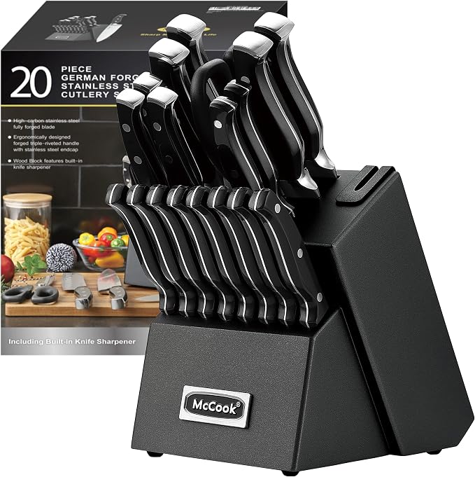 McCook Kitchen Knife Set 20PC Knife Block Set w Built-in Sharpener | German Forged Stainless Steel,Razor Sharp, Anti-Rust,Triple Rivet,Restaurant Grade,Ergonomic Handle,Full Tang,Gift Box