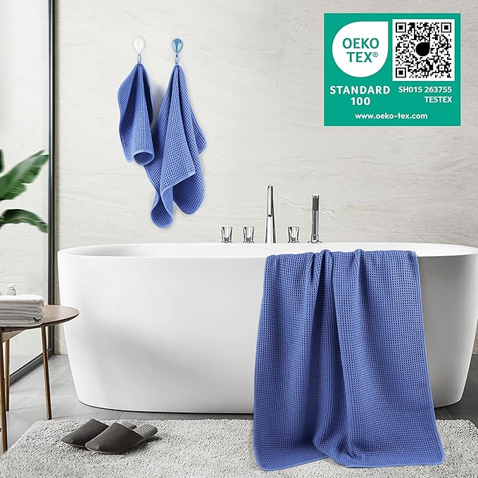 POLYTE 430 GSM Microfiber Quick Dry Lint Free Oversize Bath Towel Set, 6 Piece (Waffle Weave)