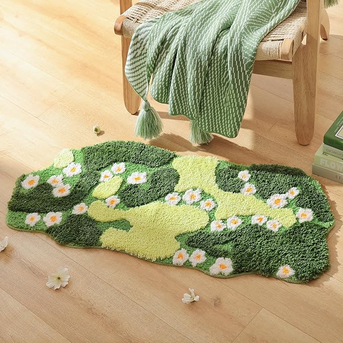 YIKUSH Bathroom Rugs Green Bath Mat Cute Moss Rug with Small White Flowers Non Slip Door Mat for Bedroom and Kitchen Soft Washable Rug Floral Bath Mats (43x20 inch)