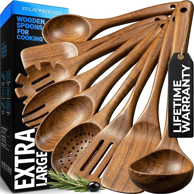 Zulay Kitchen 9-Piece Teak Wood Cooking Utensil Set – Non-Toxic & Non-Stick Safe Wooden Spoons & Kitchen Tools with Comfortable Grip, Smooth Finish Natural Teak – Perfect Kitchen Gift Set