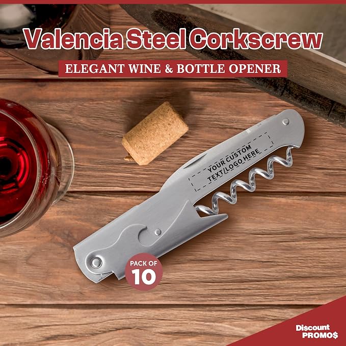 10 Valencia Stainless Steel Wine Bottle Openers Set - Customizable Text, Logo - Corkscrew, Serrated knife, Perfect for Bars - Silver