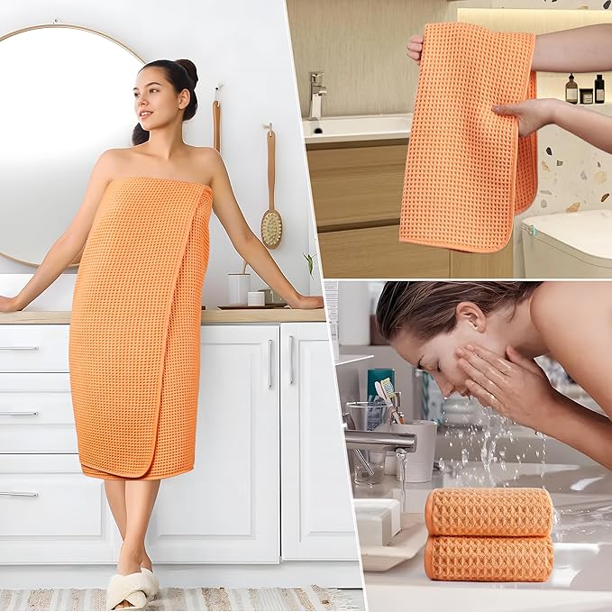 POLYTE 430 GSM Microfiber Quick Dry Lint Free Oversize Bath Towel Set, 6 Piece (Waffle Weave)