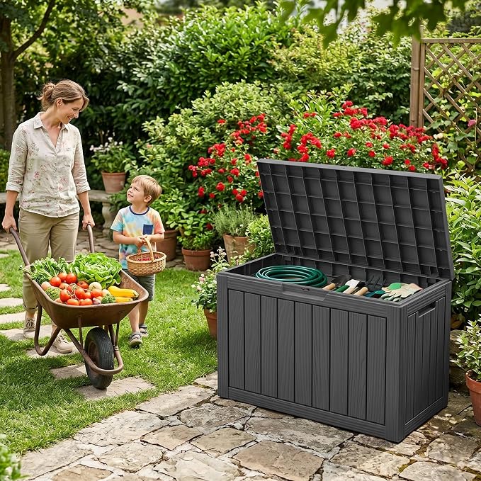 DRATO 55 Gallon Outdoor Storage Box Waterproof, Lockable Resin Deck Boxes | Weatherproof Patio Furniture, UV-Resistant Pool Supplies & Garden Tools, Backyard, Porch, Easy Asembly, 300lbs, Black