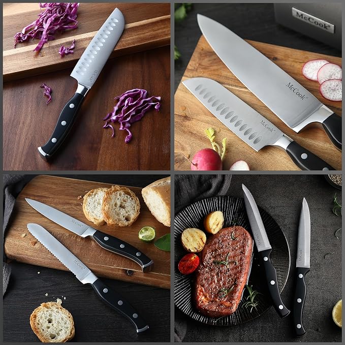 McCook® Knife Sets,German Stainless Steel Kitchen Knife Block Set with Built-in Sharpener | German Forged Stainless Steel,15 PC,Non-Stick&Anti-Rust,Triple Rivet,Ergonomic Handle,Full Tang,Gift Box
