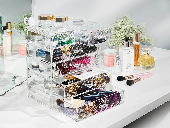 Sorbus Acrylic Makeup Organizer Set, 6-Drawer Vanity & Countertop Cosmetic Storage with Small & Wide Drawers, Diamond Makeup Storage for Brushes, Lipsticks, Jewelry – Holiday Gift for Women & Teens