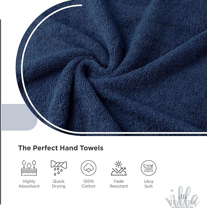 Villa Celestia Cotton Hand Towels Set of 4, 16 x 28, Oeko-TEX Certified, Quick Dry, Navy Blue