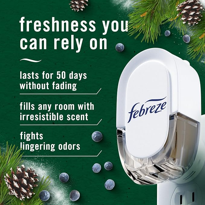 Febreze Plug in Air Freshener, Odor-Fighting Scented Oil Refill, for Home, Bathroom, & Kitchen, Long Lasting, Limited Edition Holiday Winter Pine and Juniper Berry Scent, 0.87oz Refills, 4 Count
