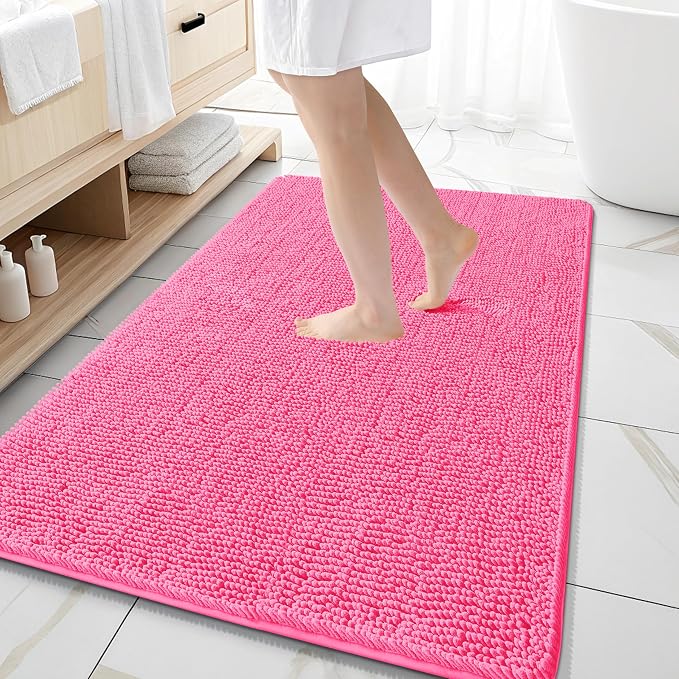 OLANLY Large Bathroom Rugs 59x35, Extra Soft Absorbent Chenille Bath Rugs, Rubber Backing Quick Dry, Machine Washable Bath Mats for Bathroom Floor, Tub and Shower, Home Decor Accessories, Hot Pink