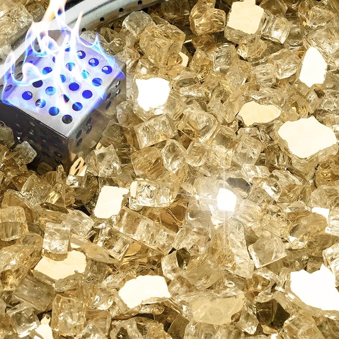 NUPICK 10 Pound Fire Glass, 1/2 Inch Reflective Fire Pit Glass | Tempered Fire Pit Rocks for Propane or Natural Gas, Glass Rocks for Fire Pit Table, Fireplace, Fire Bowl, Landscaping, Gold