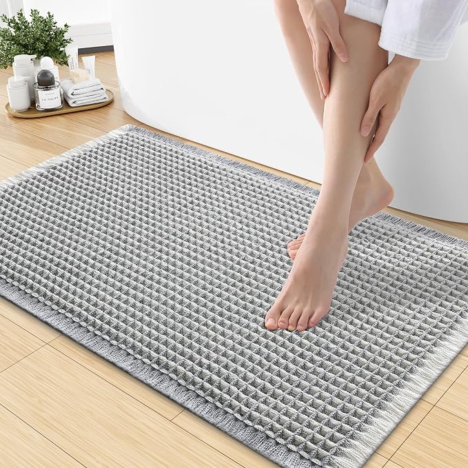 Smiry Waffle Bath Mat 30x18, Extra Soft Absorbent Bathroom Rugs, Non Slip Machine Washable Quick Dry Bath Rugs for Bathroom Floor, Tub, Shower, Home Decor Accessories, Lightgrey & Cream