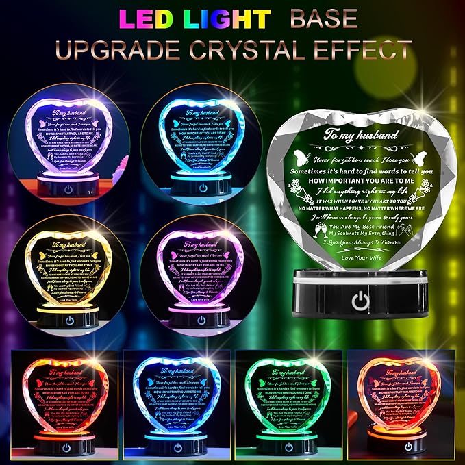 Romantic Crystal Gifts for Husband, I Love You Keepsake with Colorful LED Base, Best Anniversary & Birthday Present for Him,Fathers Day Valentine's Day Christmas Gift Ideas for My Man