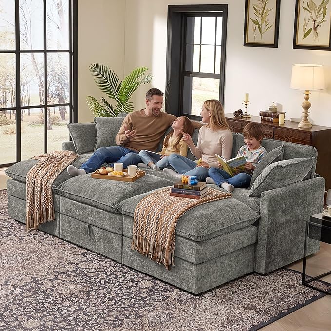 Ihanherry Oversized Sectional Sofa Bed with Storage, 103" 6-Seater Modular Cloud Couch with Movable Ottomans, Chenille Deep Seat Sleeper Couches for Living Room (Grey)