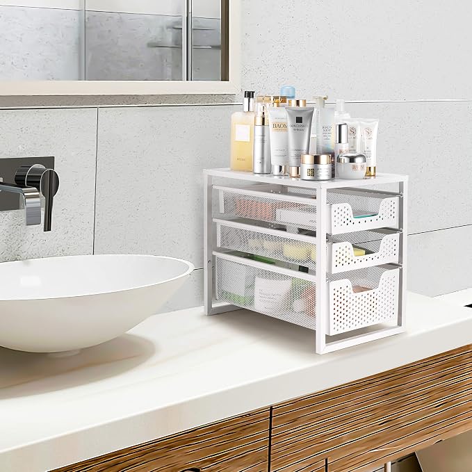 Simple Trending 3-Tier Under Sink Cabinet Organizer with Sliding Storage Drawer, Desktop Organizer for Kitchen Bathroom Office, Stackbale,White