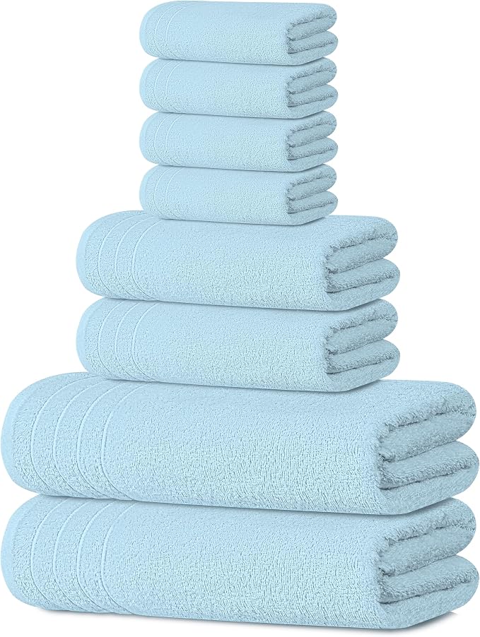 Tens Towels 8 Piece Towel Set, 2 XL Bath, 2 Hand, 4 Washcloth, Sky Blue | 100% Cotton, Lighter Weight, Quicker to Dry, Super Absorbent, Perfect for Bathroom