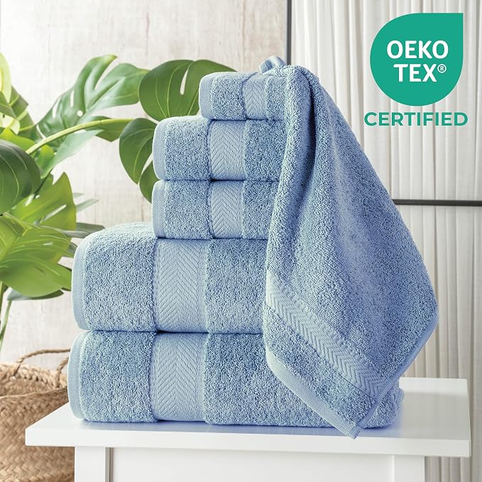 TEXTILOM 100% Turkish Cotton 6 Pcs Luxury Bath Towels for Bathroom, Soft & Absorbent Bathroom Towels Set (2 Bath Towels, 2 Hand Towels, 2 Washcloths)- Mid Blue