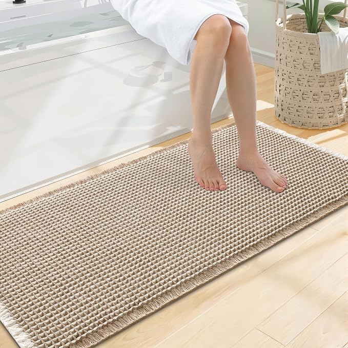 Smiry Waffle Bath Mat 47x20, Extra Soft Absorbent Bathroom Rugs, Non Slip Machine Washable Quick Dry Bath Rugs for Bathroom Floor, Tub, Shower, Home Decor Accessories, Brown & Cream