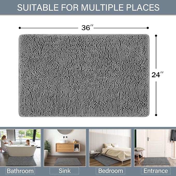 LOCHAS Luxury Bathroom Rug Shaggy Bath Mat 24 x 36 Inch, Light Gray | Washable Non Slip Bath Rugs for Bathroom Shower, Soft Plush Chenille Absorbent Carpets