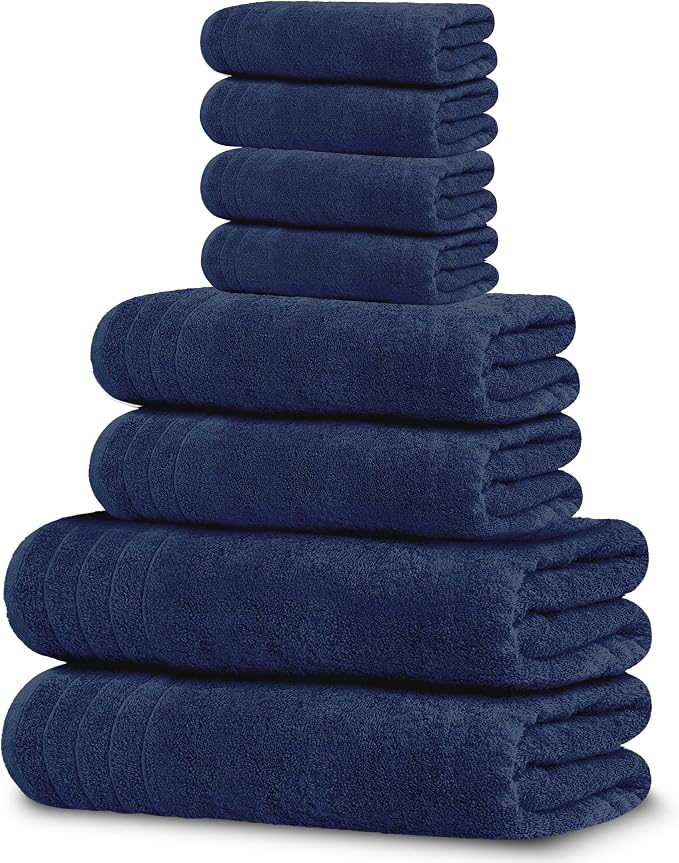 Tens Towels 8 Piece Towel Set, 2 XL Bath, 2 Hand, 4 Washcloth, Navy | 100% Cotton, Lighter Weight, Quicker to Dry, Super Absorbent, Perfect for Bathroom