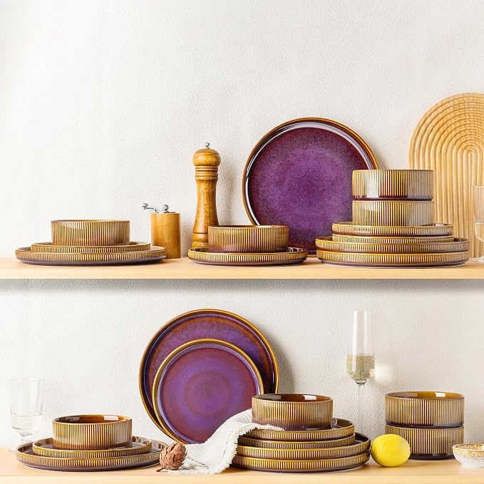 TheTerra Ceramic Dinnerware Sets for 8, 24 Pieces Porcelain Lightweight Plates and Bowls Sets, Scratch Resistant Dish Set, Oven & Microwave & Dishwasher Safe, Amber Amethyst