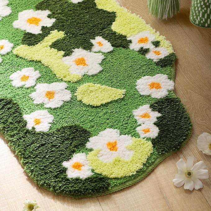 YIKUSH Bathroom Rugs for Living Room Green Moss Rug Cute Bath Mat with Small Flower Non Slip Bath Mats for Bathroom Floral Washable Rug (32x20 inches)