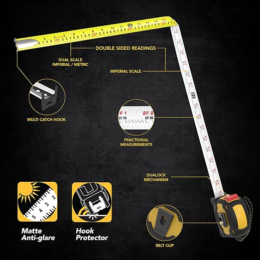 LEXIVON 25Ft/7.5m DuaLock Tape Measure | 1-Inch Wide Blade with Nylon Coating, Matt Finish White & Yellow Dual Sided Rule Print | Ft/Inch/Fractions/Metric (LX-206)