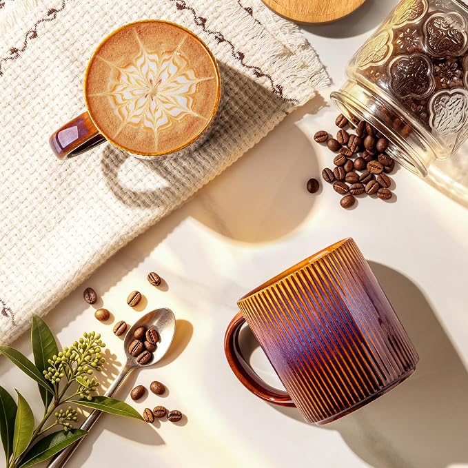 theterra Ceramic Coffee Mugs Set of 6, 14.2oz Handmade Coffee Cups with Handle for Latte, Tea, Milk, Beer, Hot Cocoa, Amber Amethyst
