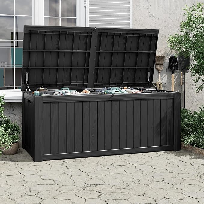 Outdoor Storage Box, 230 Gallon Large Outdoor Resin Deck Box, Storage Waterproof Boxes Lockable Lid for Garden Tools, Pool Supplies, Patio Furniture and Cushions, Black