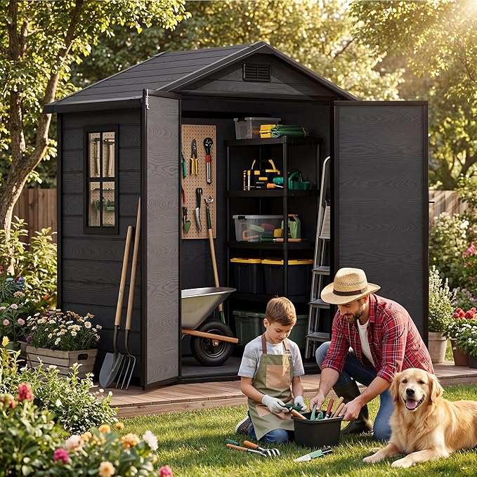 DWVO 6x4 FT Outdoor Resin Storage Shed with Reinforced Floor, All-Weather Bike Storage Shed with Lockable Door, Window and Vent, Waterproof Plastic Tool Shed for Garden, Backyard, Patio, Lawn