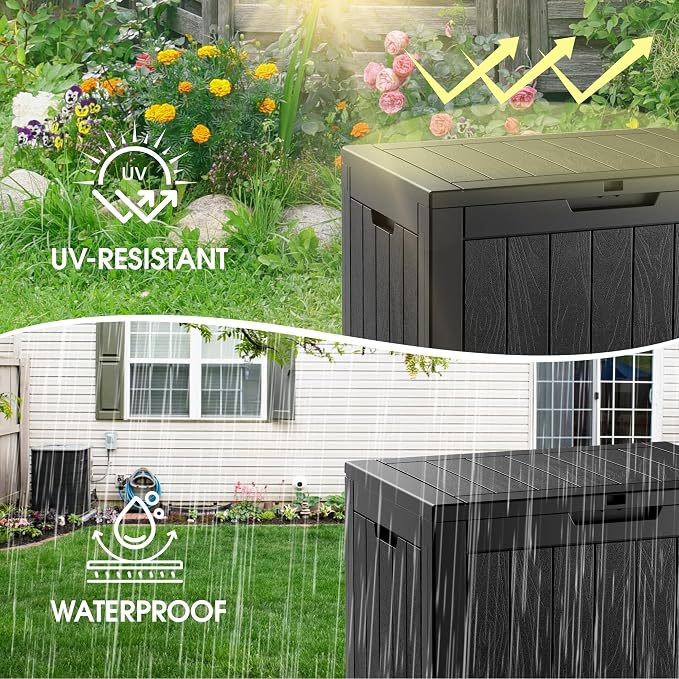 Deck Box, 35 Gallon Resin Indoor and Outdoor Storage Boxes Waterproof for Garden Tools, Patio Accessories Storage Bench, Patio Furniture and Cushions with Lockable Lid, Black