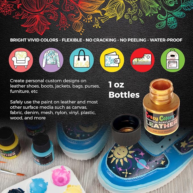 Crazy Colors Premium Acrylic Shoe & Leather Paint Kit 13 Metallic Pearl Colors with 4 Brushes (1 oz Bottles) - Acrylic Leather Paint for Shoes, Sneakers, Jackets, Bags, Purses, Furniture