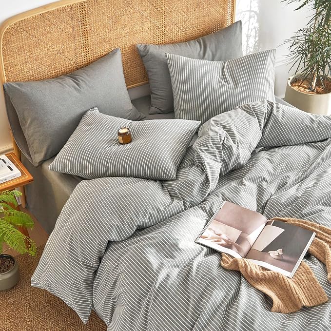 Wake In Cloud - Striped Cotton Duvet Cover Set, 100% Washed Cotton Textured Bedding Set, Ticking Stripe Pinstripe Farmhouse, 3 Pieces, Grey, Queen Size