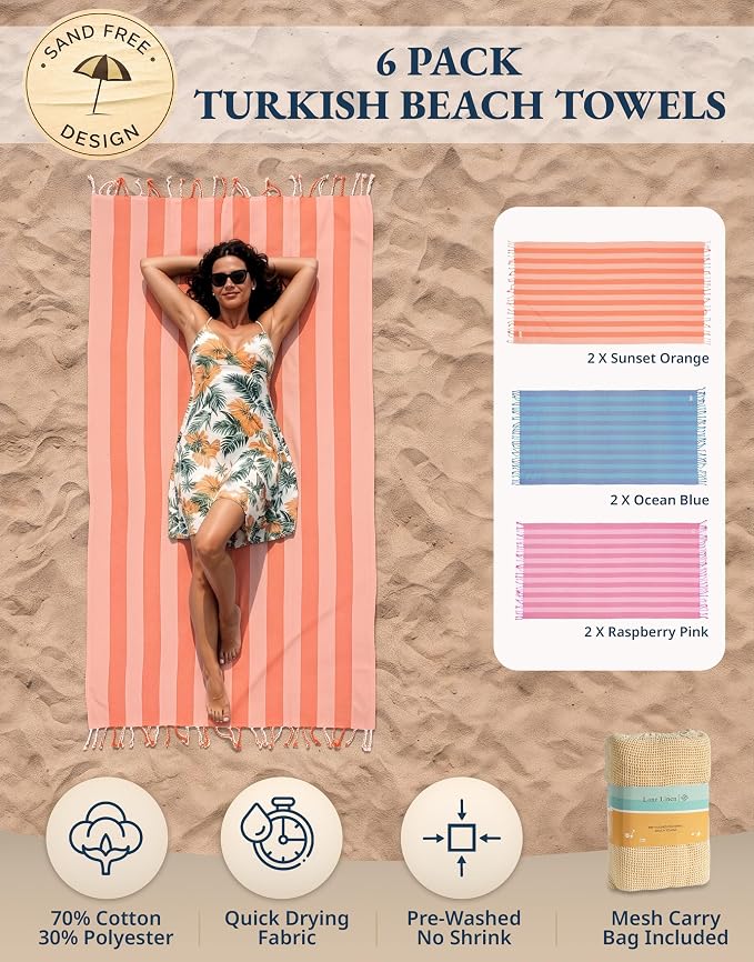 LANE LINEN 6 Pack Beach Towel Set, Oversized, 39"x71" - Summer Trio | Classic Cabana Stripe - Compact & Vacuum-Packed - Long-Lasting & Fresh - Super Soft, Cotton-Rich Feel - Absorbent