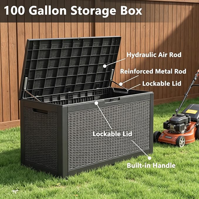 100 Gal Outdoor Storage Box Waterproof Lockable,Deck Box,Gas Lift,Black | Waterproof Resin Deck Box, Lockable Gas Lift Outdoor Box Storage for Patio Cushions, Garden Tools, Pool Supplies