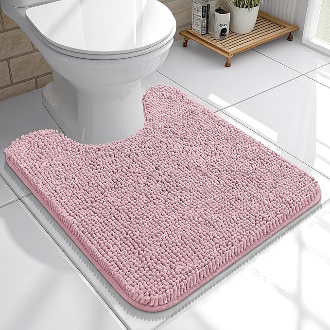 OLANLY Toilet Rugs U-Shaped 20x20, Extra Soft Absorbent Chenille Contour Bathroom Rugs for Toilet, Dry Quickly, Machine Washable, Non-Slip Bath Mat, Dusty Rose