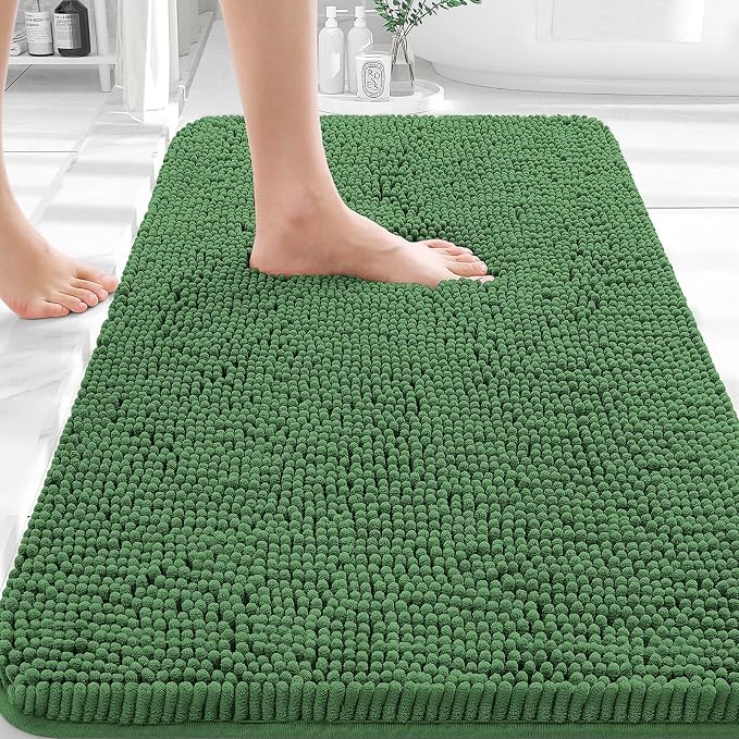 OLANLY Bathroom Rugs 35x24, Extra Soft Absorbent Chenille Bath Rugs, Rubber Backing Quick Dry, Machine Washable Bath Mats for Bathroom Floor, Tub and Shower, Home Decor Accessories, Olive Green