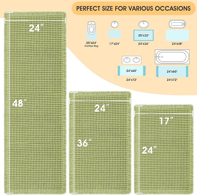 IM HOME Waffle Bath Mat Set 3 Piece Sage Green,Woven Modern Bath Rug Mats, Absorbent Non Slip Bath Floor Mat, Soft Washable Boho Bath Rugs with Tassels for Bathroom, Bedroom, Kitchen,Tub