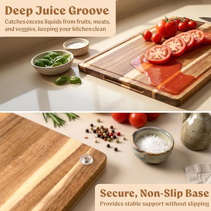 Extra Large Acacia Wood Cutting Board 17x13, Juice Groove | FSC-certified wooden chopping board; knife-friendly, large kitchen boards for meat, cheese, charcuterie & serving