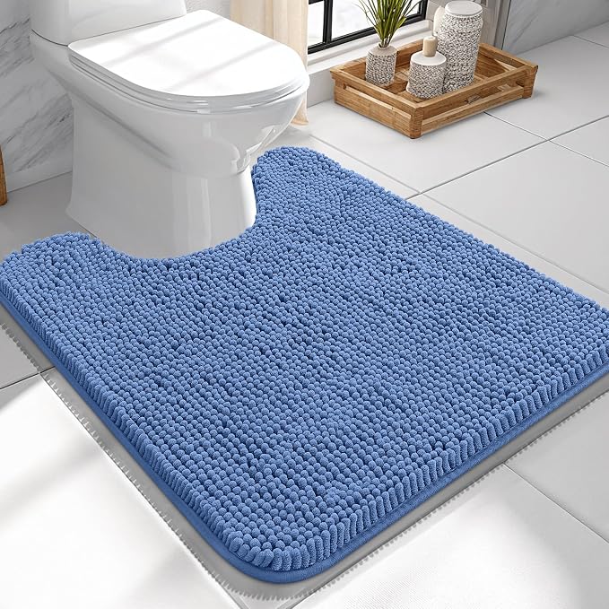 OLANLY Toilet Rugs U-Shaped 24x24, Extra Soft Absorbent Chenille Contour Bathroom Rugs for Toilet, Dry Quickly, Machine Washable, Non-Slip Bath Mat, Cornflower Blue